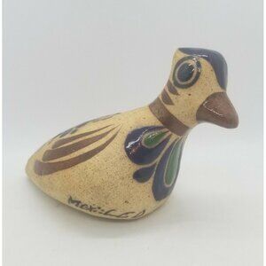 Tonala Mexican Pottery Bird Figurine Cobalt Blue Hand Painted Folk Art Rustic